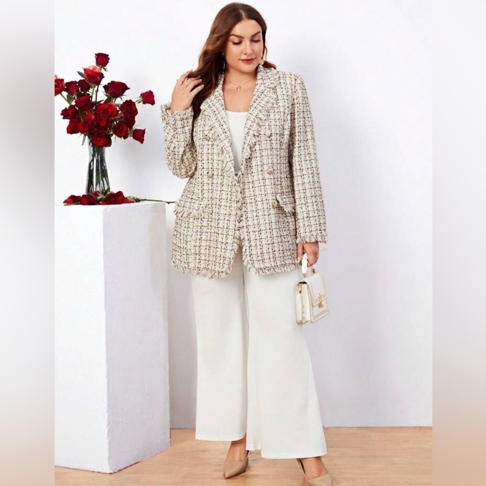 SHEIN Clasi Women's Plaid Brown and White Double Breasted blazer/jacket - Picture 6 of 6